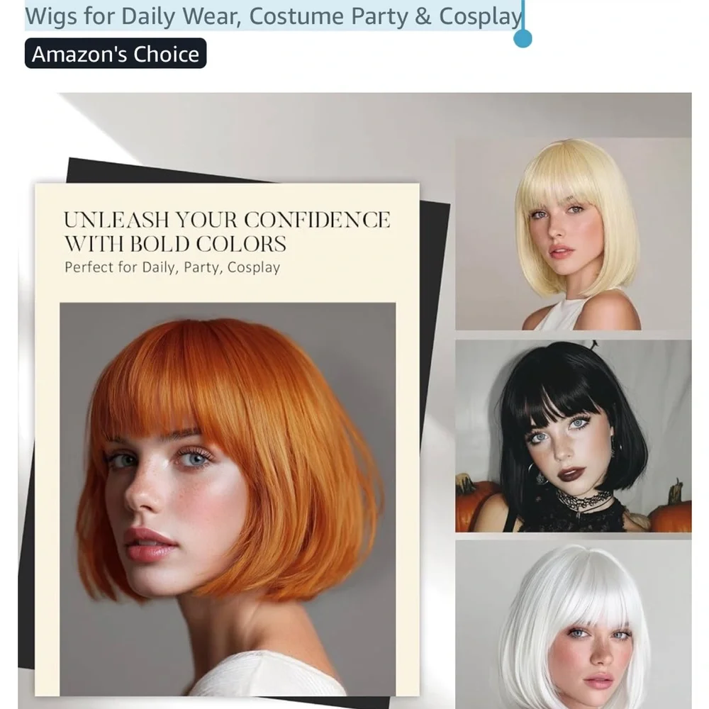 12” Ginger Orange Bob Synthetic Hair Wig with Bangs